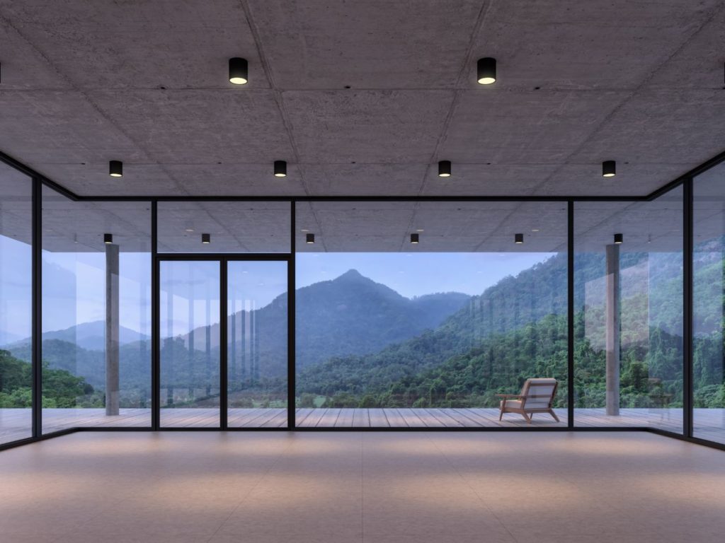 Modern loft room space with mountain view 3d render