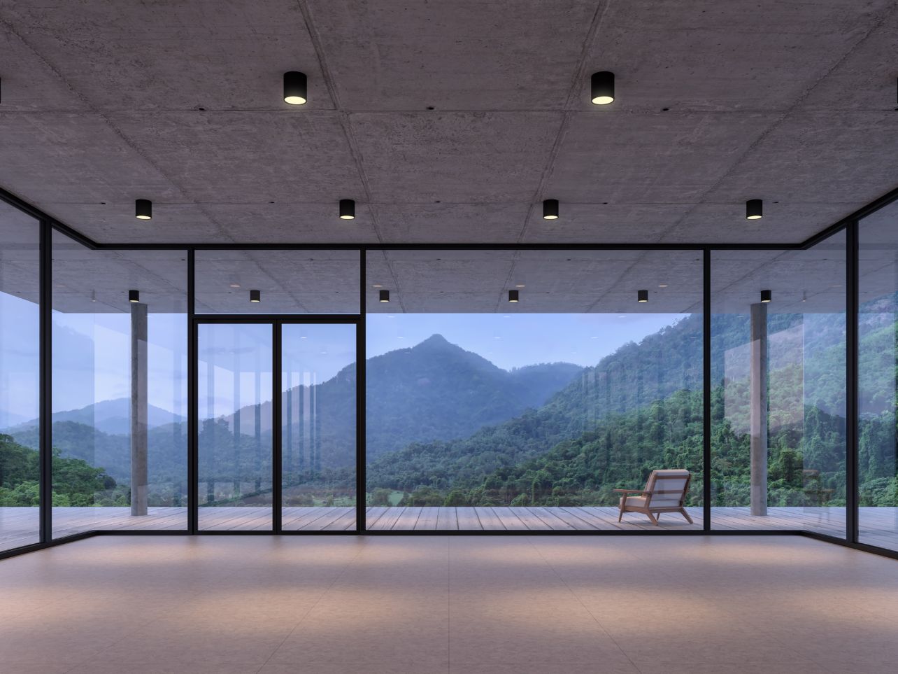 Modern loft room space with mountain view 3d render