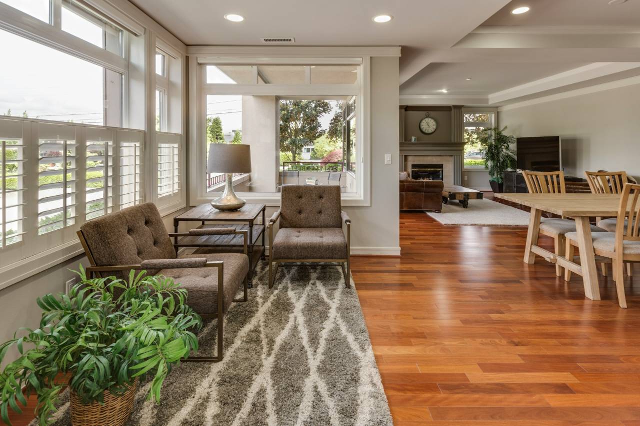 living room with huge glass windows